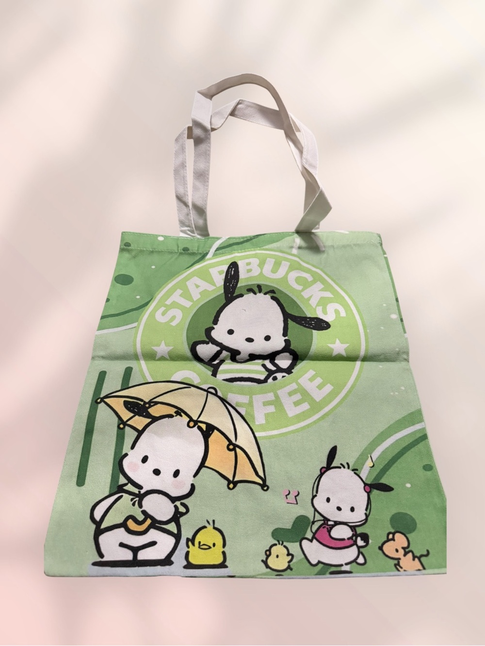 Starbucks Light Green Tote Bag with White Handles and Cute Character Art New